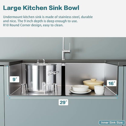 LQS Kitchen Sink 31x18, 31 Inch Undermount Kitchen Sink Double Bowl, Stainless Steel Sink and 50/50 Double Bowl with Two Sink Grids and Two Sink Strainers