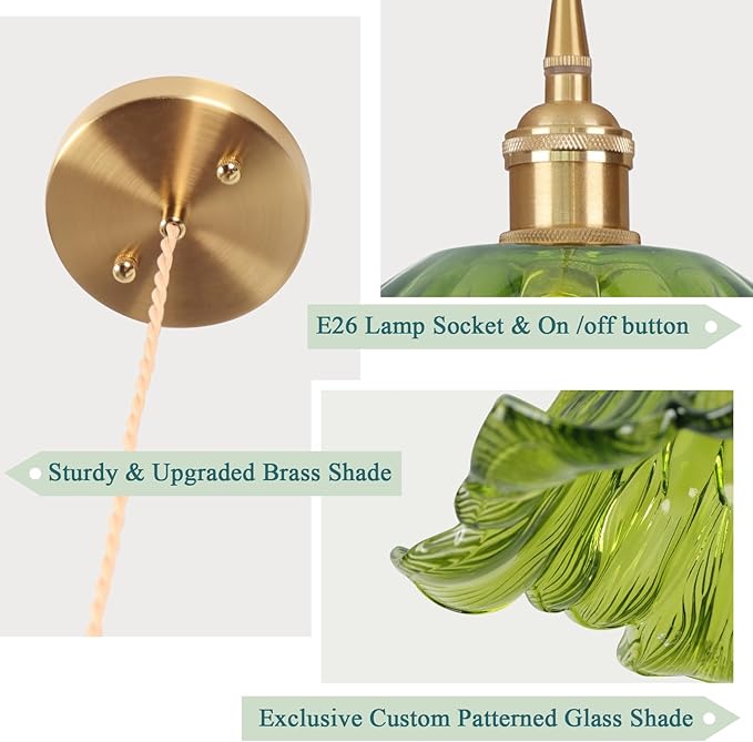 Battery Operated Pendant Light,Green Chandelier 2500mAh RGB Light Bulb 11in Vintage Light Fixtures with Remote Control Wireless Adjustable Rechargeable Chandelier for Kitchen Island Hallway 1Light