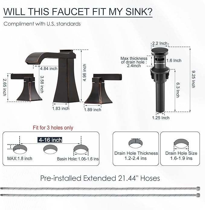 Oil Rubbed Bronze Bathroom Faucet 3 Hole, Brass Waterfall 8 Inch Widespread Bathroom Sink Faucet with Pop-Up Drain, cUPC Supply Lines, 2 Handles for Vanity, Farmhouse, Hollowed Design