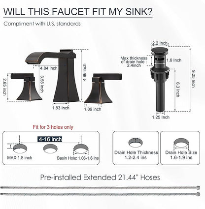 Oil Rubbed Bronze Bathroom Faucet 3 Hole, Brass Waterfall 8 Inch Widespread Bathroom Sink Faucet with Pop-Up Drain, cUPC Supply Lines, 2 Handles for Vanity, Farmhouse, Hollowed Design
