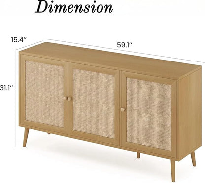 FONTOI Rattan Entryway Table, Entertainment Center with Adjustable Shelf, Sideboard Buffet Cabinet with 3 Rattan Doors, Modern Console Cabinet with Large Storage for Living Room, Kitchen, Brown