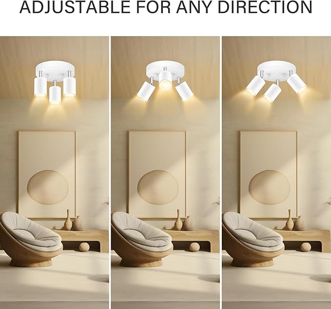 AUQUEE LED 3 Light Track Lighting Kit, LED Track Lighting Fixtures, White Round Ceiling Spot Lighting, Flexibly Rotatable Light Head for Kitchen, Living Room, Bedroom, GU10 Bulb Not Included