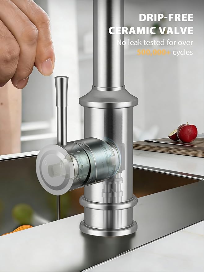 Hiqufet Vintage Kitchen Faucets with Pull Down Sprayer, Stainless Steel High Arc Kitchen Sink Faucet, Drip-Free 3 Spray Mode Faucet with 360° Rotation, Easy DIY Single Hole Install (Brushed Nickel)