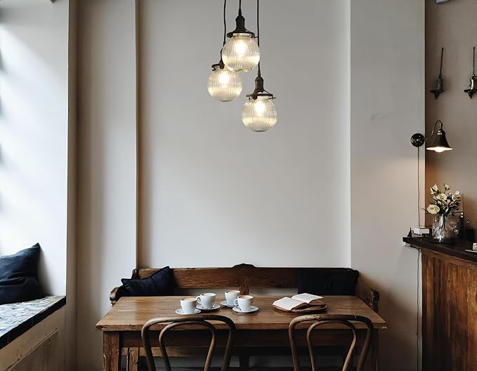 Phansthy Kitchen Island Lighting, 3 Lights Linear Chandeliers, Hanging Light with 5.9" Globe Striped Glass Shade, 3-Light Pendant Light Fixtures for Dining Room Farmhouse (Black, Round Base)