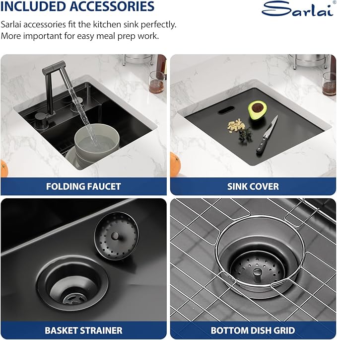 Sarlai Black Outdoor Sink, 15x17 Inch Undermount Kitchen Sink Workstation with Foldable Faucet Bar Prep Single Bowl Gunmetal Black 16 Gauge Stainless Steel Sinks with Cover,BBQ Sinks Outside