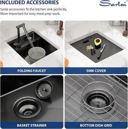Sarlai Black Outdoor Sink, 15x17 Inch Undermount Kitchen Sink Workstation with Foldable Faucet Bar Prep Single Bowl Gunmetal Black 16 Gauge Stainless Steel Sinks with Cover,BBQ Sinks Outside