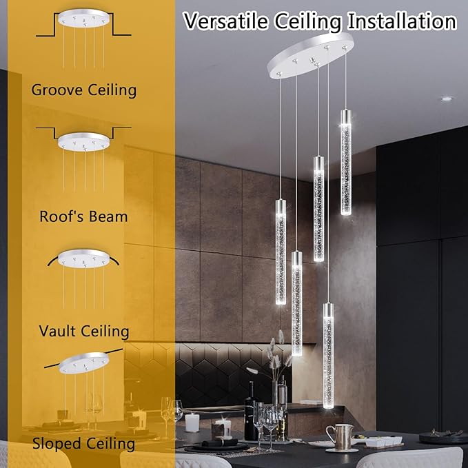 5-Lights Modern Crystal Chandelier for Dining Room LED Pendant Lights Kitchen Island Lighting Dimmable Ceiling Hanging 3000K-6000K