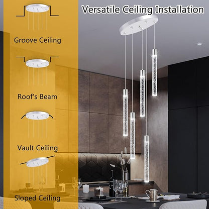 5-Lights Modern Crystal Chandelier for Dining Room LED Pendant Lights Kitchen Island Lighting Dimmable Ceiling Hanging 3000K-6000K