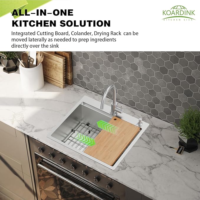 Kitchen Sink Workstation, 25x22 Inch Stainless Steel Drop In Kitchen Sink Modern Single Bowl Kitchen Sink Accessory Combo-SS Grid,Drying Rack,Cutting Board,Soap Dispenser, Drain Strainer Set