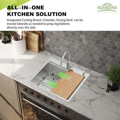 Kitchen Sink Workstation, 25x22 Inch Stainless Steel Drop In Kitchen Sink Modern Single Bowl Kitchen Sink Accessory Combo-SS Grid,Drying Rack,Cutting Board,Soap Dispenser, Drain Strainer Set