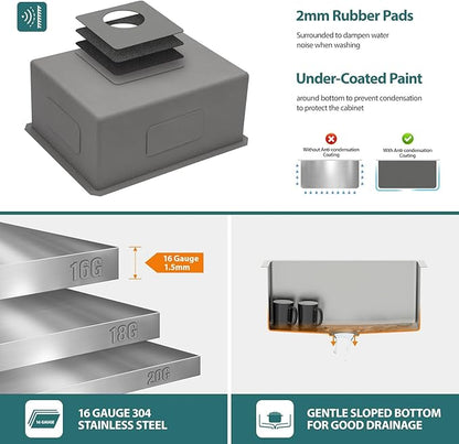 21"x18" Undermount Bar Sink, 16 Gauge Stainless Steel, Single Bowl, Under Counter, Deep Kitchen Bar Prep Sink Basin