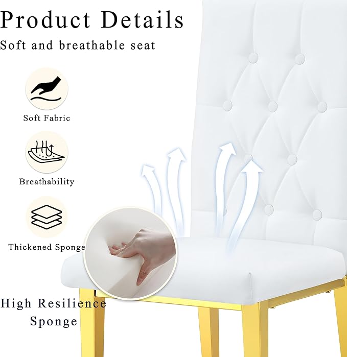 Round Glass Dining Table Set with 2 White PU Chairs, 42 Inch Diameter Clear Tempered Glass Top with Gold Metal Legs, Grid Quilting Design for Modern Dining Room and Kitchen