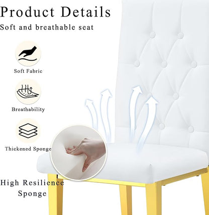 Round Glass Dining Table Set with 2 White PU Chairs, 42 Inch Diameter Clear Tempered Glass Top with Gold Metal Legs, Grid Quilting Design for Modern Dining Room and Kitchen
