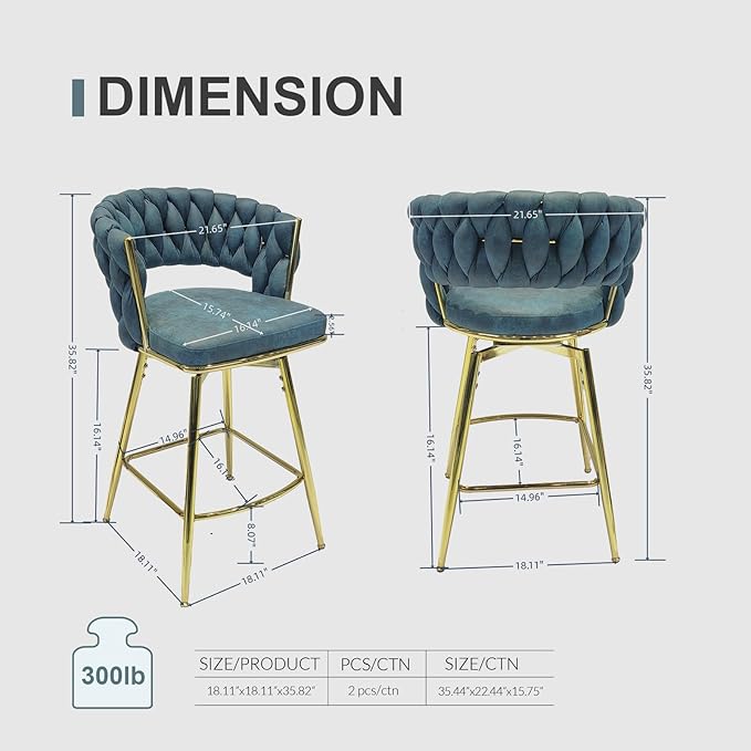LUMISOL Bar Stool Set of 2, Golden Legs Bar Stools No Adjustable Kitchen Island Chairs Upholstered Bar Chair Counter Stool Arm Chairs with Back Footrest, Blue