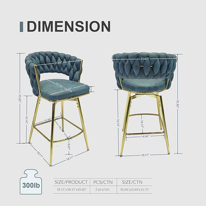 LUMISOL Bar Stool Set of 2, Golden Legs Bar Stools No Adjustable Kitchen Island Chairs Upholstered Bar Chair Counter Stool Arm Chairs with Back Footrest, Blue
