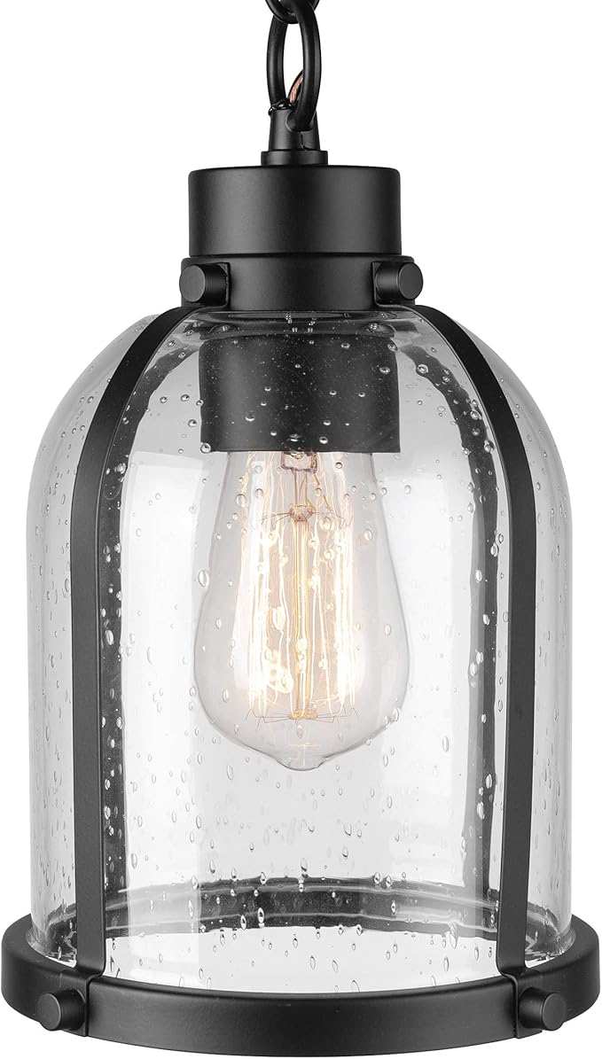 Globe Electric 44627 1-Light Outdoor Pendant, Matte Black, Clear Seeded Glass Shade, Bulb Included