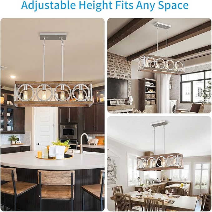 XINGQI 31.5" Farmhouse Dining Room Chandeliers, Large Rectangle Vintage Hanging 4-Light Kitchen Island Lighting,Fixture Rustic Metal Pendant Light, Antique Wood Grain