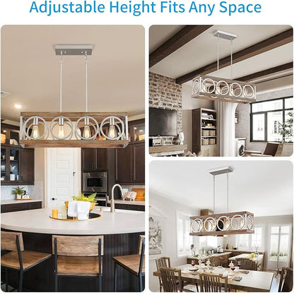 XINGQI 31.5" Farmhouse Dining Room Chandeliers, Large Rectangle Vintage Hanging 4-Light Kitchen Island Lighting,Fixture Rustic Metal Pendant Light, Antique Wood Grain