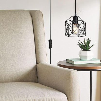 Industrial Plug-in Pendant Light, Black Farmhouse Hanging Ceiling Light, Vintage Metal Cage Wall Mount Lamp, 1-Light Fixture for Kitchen Island, Dining Room, E26 Base (Bulb Not Included)