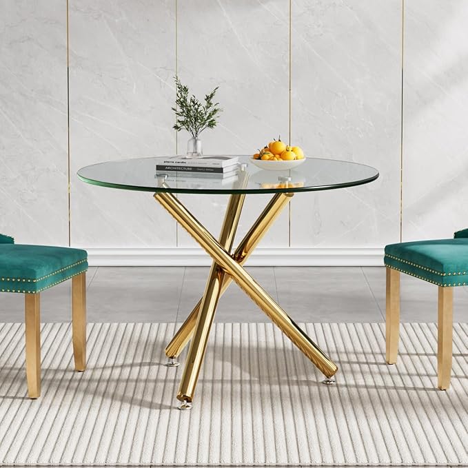 SSLine 35.4" Round Glass Dining Table for 2-4 Modern Circle Glass Tabletop Kitchen Table for 4 Luxury Dinner Tables with Gold Metal Legs for Home Kitchen Dining Room(Table Only)