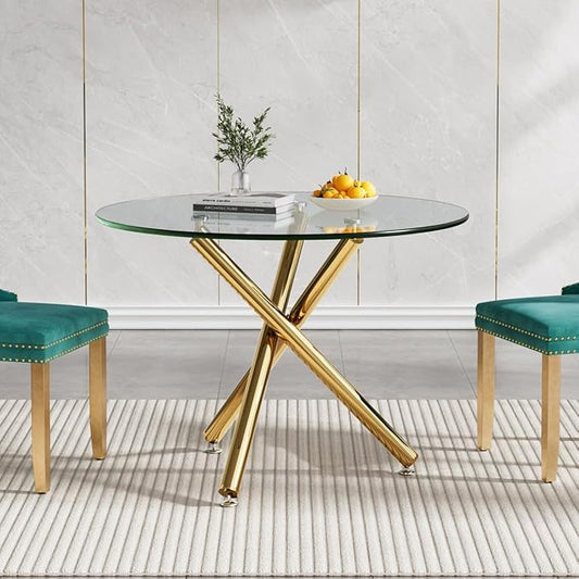 SSLine 35.4" Round Glass Dining Table for 2-4 Modern Circle Glass Tabletop Kitchen Table for 4 Luxury Dinner Tables with Gold Metal Legs for Home Kitchen Dining Room(Table Only)