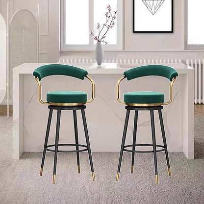 Swivel stools 1PC, Velvet Upholstered Stools with Hollow Back, Metal Chair Legs & Footrest for Kitchen Island Dining Room Pub Home, Seat Height 65cm, Black (Green Seat Height 75cm