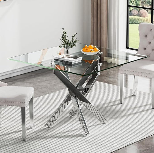 35.43'' Square Glass Dining Table,Modern Kitchen Table for 2-4 People,Dining Room Table with Tempered Glass Top and Metal Legs for Kitchen Apartment