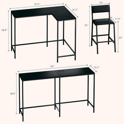 Bar Table and Chairs Set, 3 Piece Convertible L-Shaped Kitchen Table with 2 PU Leather Bar Stools, 63‘’ Counter Height Small Dining Table with Power Outlets, Space Saving, Breakfast Nook Corner, Black