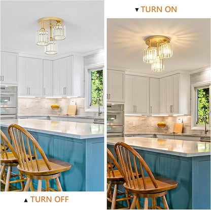 PAUFUL Modern Semi Flush Mount Ceiling Light,3-Light Golden Crystal Close to Ceiling Light Fixtures,Kitchen Light Fixtures with Clear Crystal Shade,Hallway Light Fixtures for Hallway Bedroom Bathroom