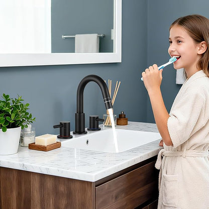 Matte Black Pull Down Bathroom Faucet 3 Hole with Pop Up Drain, Bathroom Sink Faucet with Pull Down Sprayer 2 Modes, 8 inch Widespread Gold Faucet for Bathroom Sink, 2 Handle Vanity Faucet