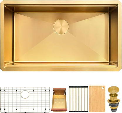 MILOSEN 33 Inch Gold Undermount Kitchen Sink,33" x 19" Gold Stainless Steel Sinks, Single Bowl Workstation Sink with Custom Accessories, Handmade Under Counter Design, 9'' Large and Deep Kitchen Sinks