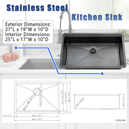 27 Inch Black Undermount Kitchen Sink with Faucet Combo - 27x19 Black Stainless Steel Workstation Sinks Single Bowl Kitchen Sink Undermount with Accessories
