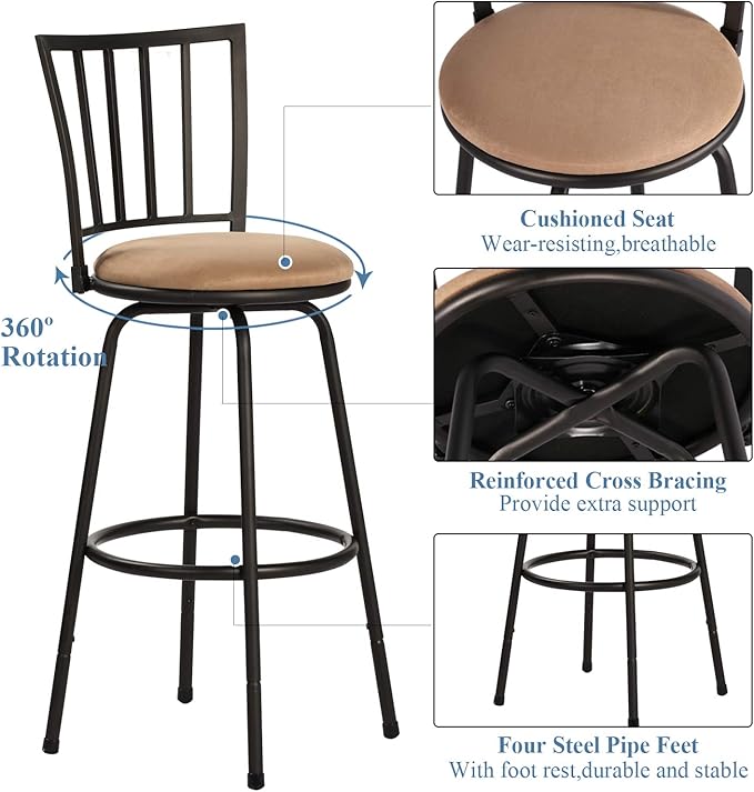VECELO Bar Stools Adjustable Height Set of 2, 24/29" Barstool Swivel Counter Stool with Upholstered Seat and Footrest,Steel Bistro Pub Chairs, Island,Bar,Straight Line Backrest