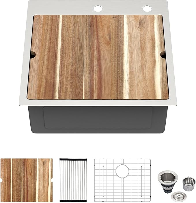 Kichae 21 Drop In Bar Sink- 21x20 Kitchen Sink Stainless Steel 16 Gauge Bar Prep Sinks Small Overmount Topmount Ledge Workstation Single Bowl Handmade Basin with Cutting Bowl
