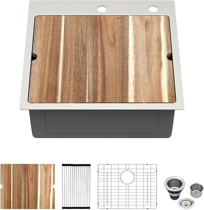 Kichae 21 Drop In Bar Sink- 21x20 Kitchen Sink Stainless Steel 16 Gauge Bar Prep Sinks Small Overmount Topmount Ledge Workstation Single Bowl Handmade Basin with Cutting Bowl