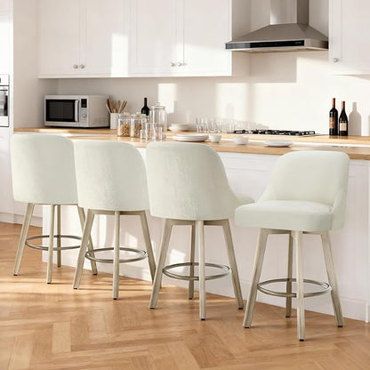 Counter Height Bar Stools Set of 4, Modern Swivel Barstools with Back and Wood Legs, Fabric Upholstered Bar Chairs, 26" Seat Height Counter Stools for Kitchen Island,Ivory