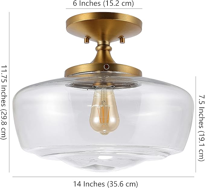 JONATHAN Y 14" Brass Gold Modern Farmhouse LED Flush Mount Light Fixture, Clear Glass Shade, Rustic Industrial Schoolhouse Lamp for Kitchen Hallway Bedroom (JYL7517B)