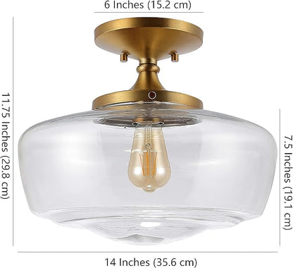 JONATHAN Y 14" Brass Gold Modern Farmhouse LED Flush Mount Light Fixture, Clear Glass Shade, Rustic Industrial Schoolhouse Lamp for Kitchen Hallway Bedroom (JYL7517B)