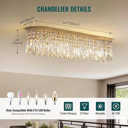 Siljoy 12-Light Modern Gold Crystal Raindrop Chandelier for Dining Room, Luxury Oval Flush Mount Crystal Pendant Ceiling Light Fixture for Living Room Kitchen Island Bar L47''xW11''xH10.6''