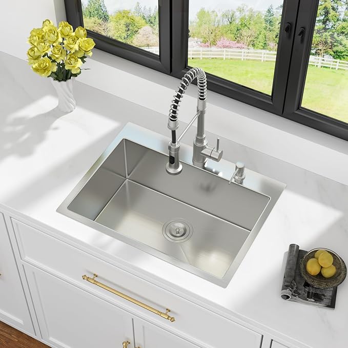 Kichae 24 Drop In Kitchen Sink - Stainless Steel Sinks 24 x 18 Inch Topmount Overmount Single Bowl Handmade Basin with Accessories