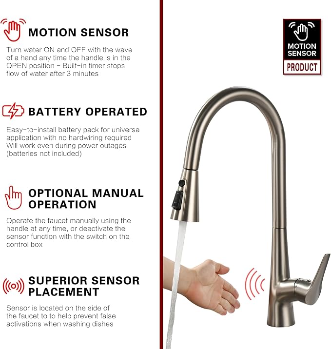 sumerain Motion Sensor Activated Kitchen Sink Faucet with Pull Down Sprayer, Brushed Nickel Touchless Kitchen Faucet Smart Hands Free