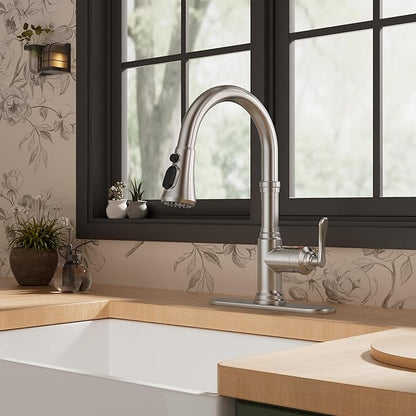 FORIOUS Antique Kitchen Faucets with Pull Down Sprayer Brushed Nickel, 3 in 1 Stainless Steel High Arc Single Handle Sink Faucet for Farmhouse Camper Rv Bar, Fit for 1 or 3 Hole