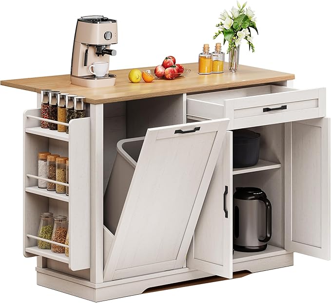 YITAHOME 50 Inch Rolling Kitchen Island with Trash Can Storage Cabinet & Drop Leaf, Portable Mobile Islands Table Long Floating Movable w Wheels Drawer Cabinet for 13 Gallon Garbage Bin, Off White