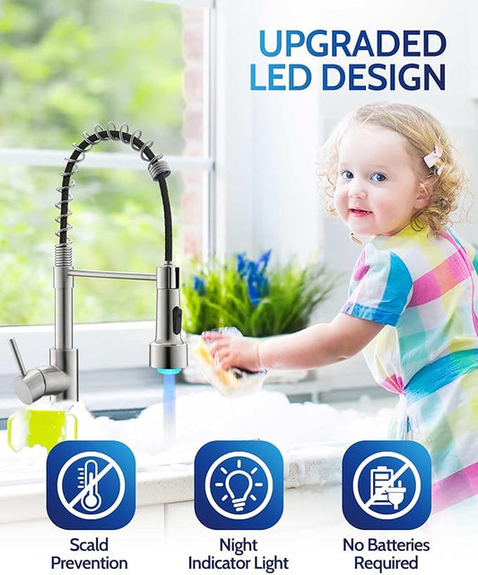 LUFEIDRA Kitchen Faucet with Sprayer LED Light, High Arc Spring 304 Stainless Steel Single Handle LED Faucets, Kitchen Sink Faucet for Bar Sink Rv, Brushed Nickel
