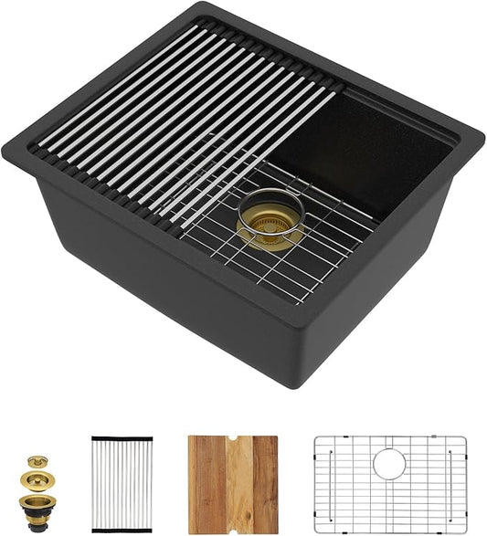 21 Inch Undermount Bar Sink Workstation - Matte Black Granite Composite Classic Quartz Single Bowl Wet Prep Sink for Small Space, Kitchen Bar, RV, Boat, and Outdoor #TLGU-129
