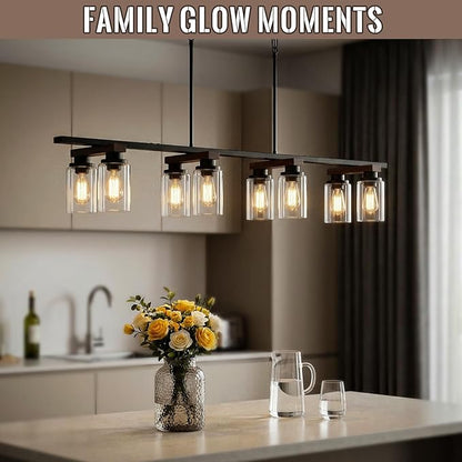 8-Light Kitchen Island Lighting & Farmhouse Dining Room Light Fixtures Over Table, 60in Rustic Linear Chandelier Adjustable Ceiling Hanging Pendant - Rotating Design, Customizable Shapes, Clear Glass