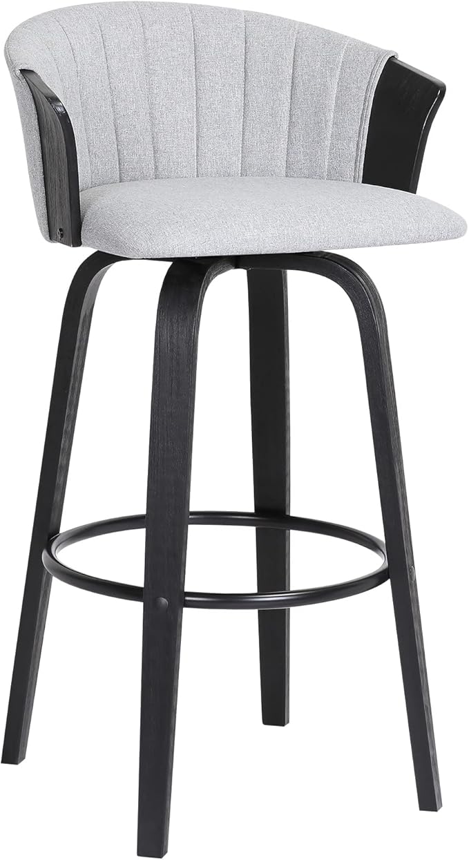 Armen Living Diana 26" Seat Height Mid Century Modern Swivel Black Wood Bar Stool for Kitchen Island Counter in Light Gray Fabric