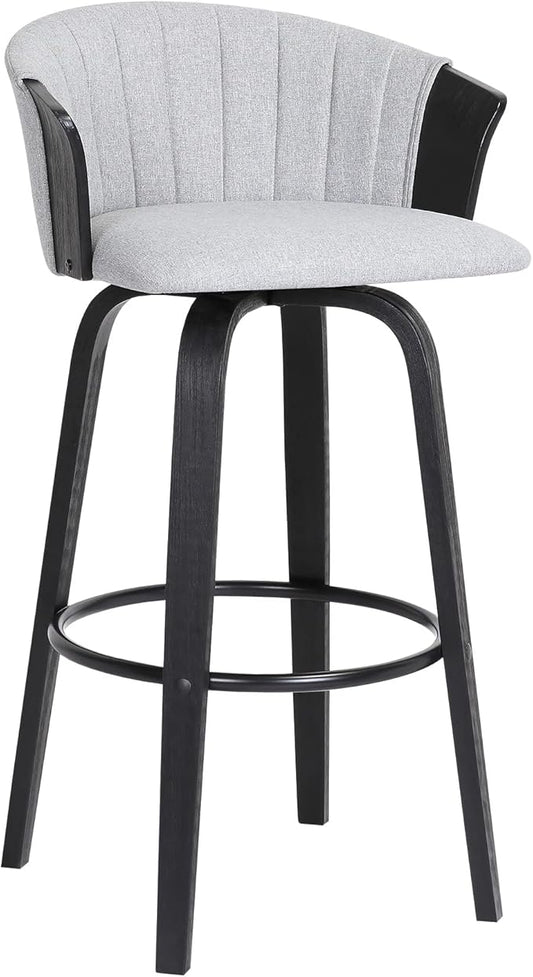 Armen Living Diana 26" Seat Height Mid Century Modern Swivel Black Wood Bar Stool for Kitchen Island Counter in Light Gray Fabric
