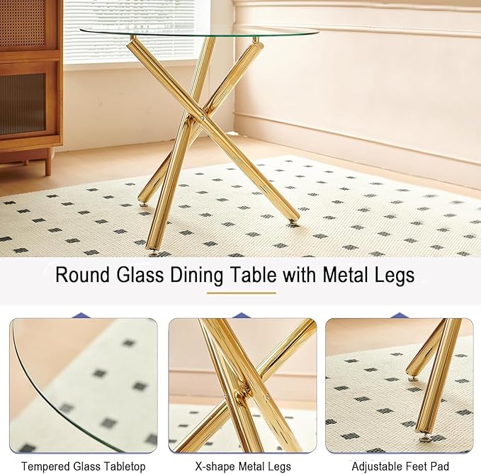 35.4'' Round Dining Table for 4 or 2, Glass Small Kitchen Table for Dining Room Living Room, Round Accent Tea Table Circular Dining Table, Gold Metal Tube Legs