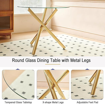 35.4'' Round Dining Table for 4 or 2, Glass Small Kitchen Table for Dining Room Living Room, Round Accent Tea Table Circular Dining Table, Gold Metal Tube Legs
